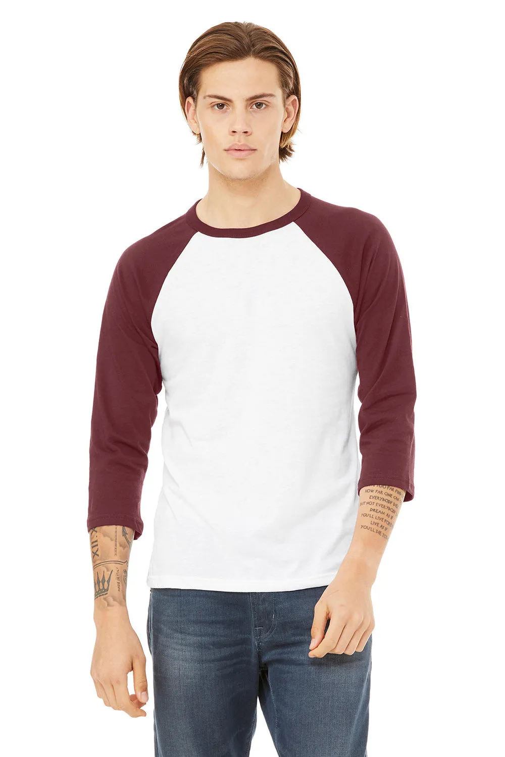 Bella   Canvas Mens 3/4 Sleeve Crewneck T-Shirt - White/Maroon - Closeout