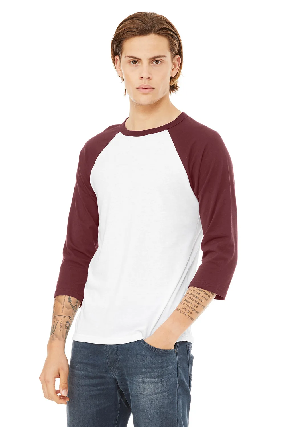 Bella   Canvas Mens 3/4 Sleeve Crewneck T-Shirt - White/Maroon - Closeout