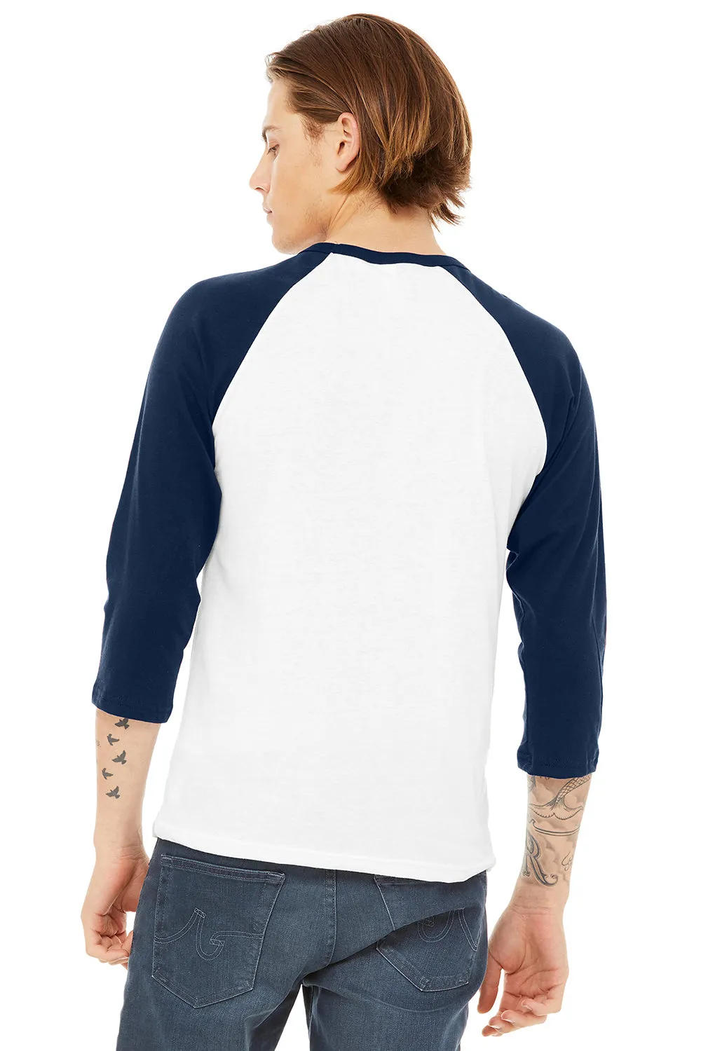 Bella   Canvas Mens 3/4 Sleeve Crewneck T-Shirt - White/Navy Blue