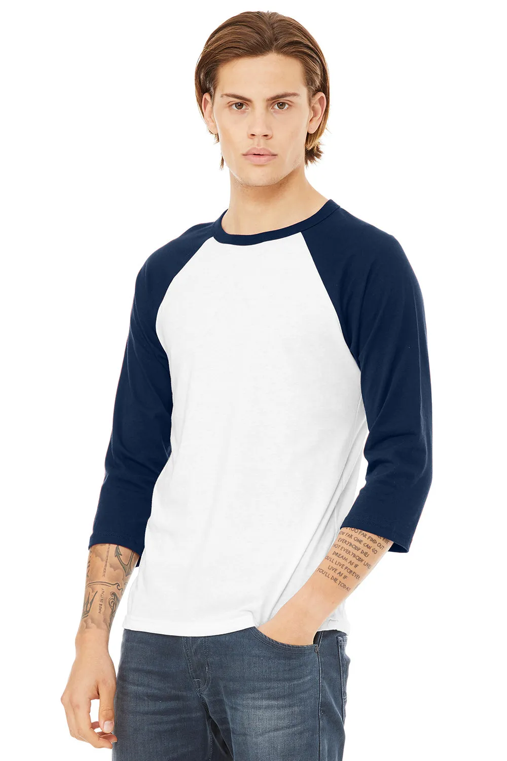 Bella   Canvas Mens 3/4 Sleeve Crewneck T-Shirt - White/Navy Blue