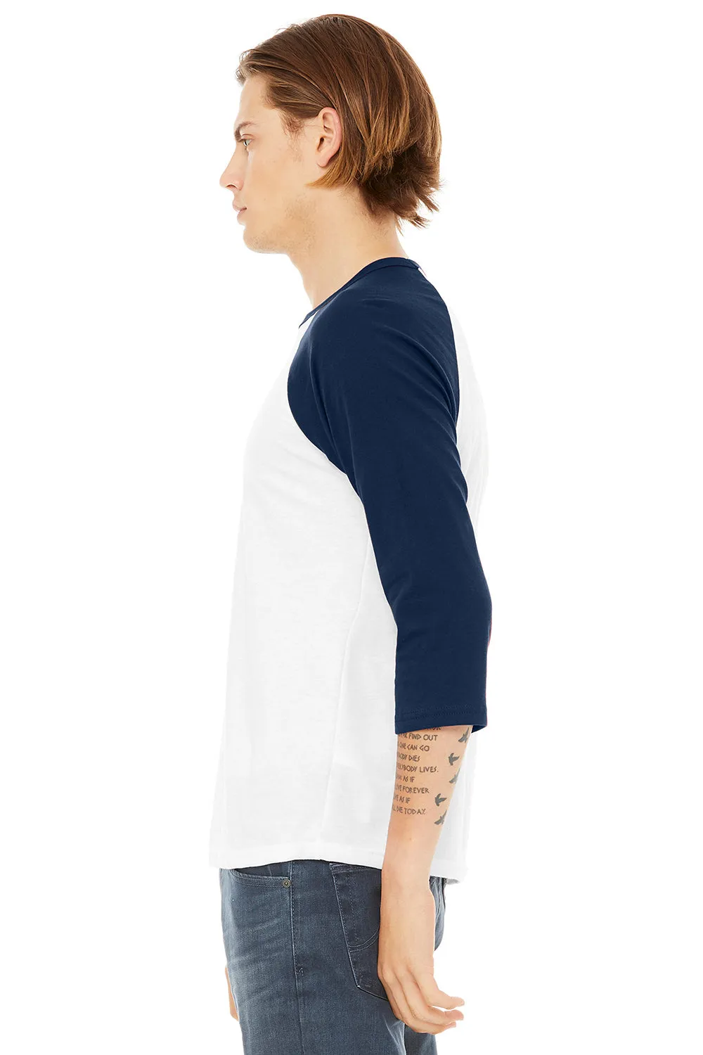 Bella   Canvas Mens 3/4 Sleeve Crewneck T-Shirt - White/Navy Blue