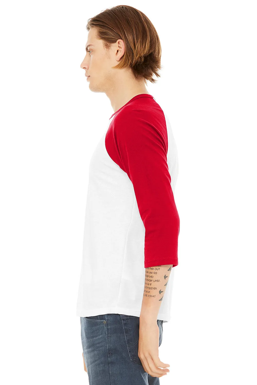 Bella   Canvas Mens 3/4 Sleeve Crewneck T-Shirt - White/Red