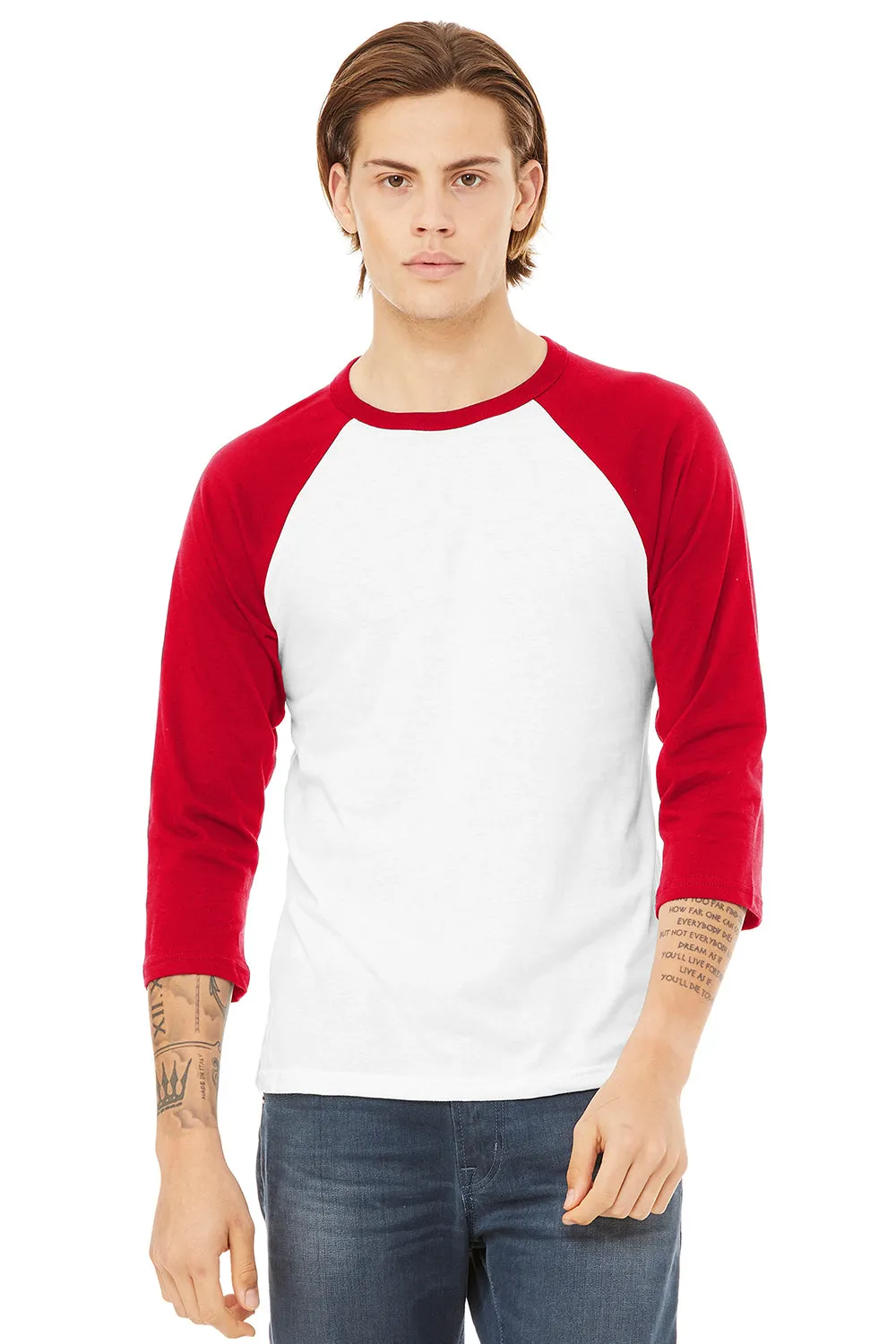 Bella   Canvas Mens 3/4 Sleeve Crewneck T-Shirt - White/Red
