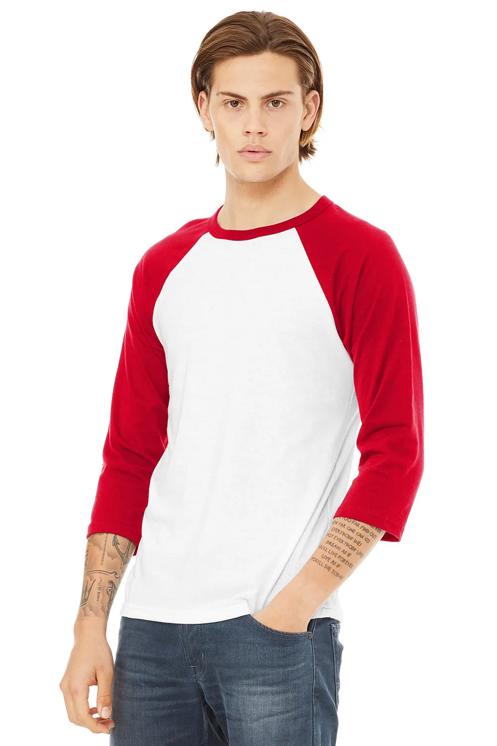 Bella   Canvas Mens 3/4 Sleeve Crewneck T-Shirt - White/Red