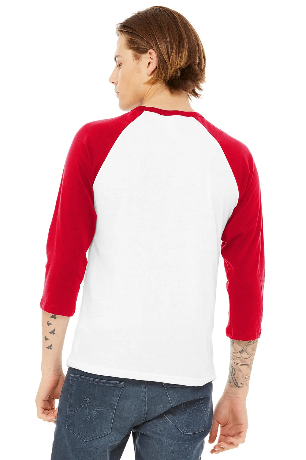 Bella   Canvas Mens 3/4 Sleeve Crewneck T-Shirt - White/Red