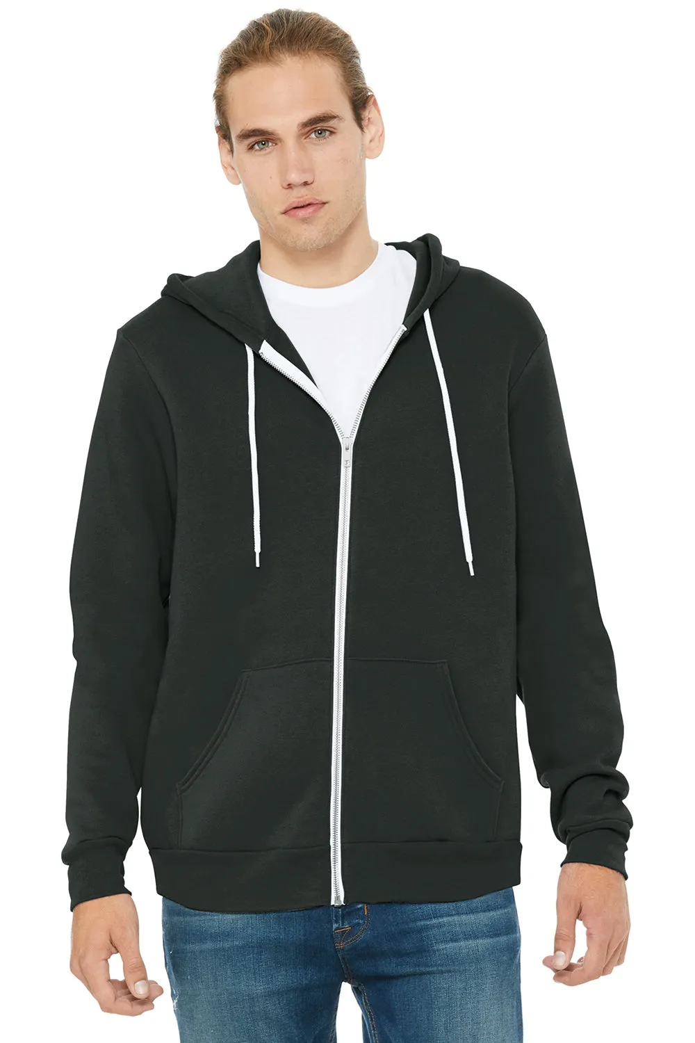 Bella   Canvas Mens Fleece Full Zip Hooded Sweatshirt Hoodie w/ Pockets - Dark Grey