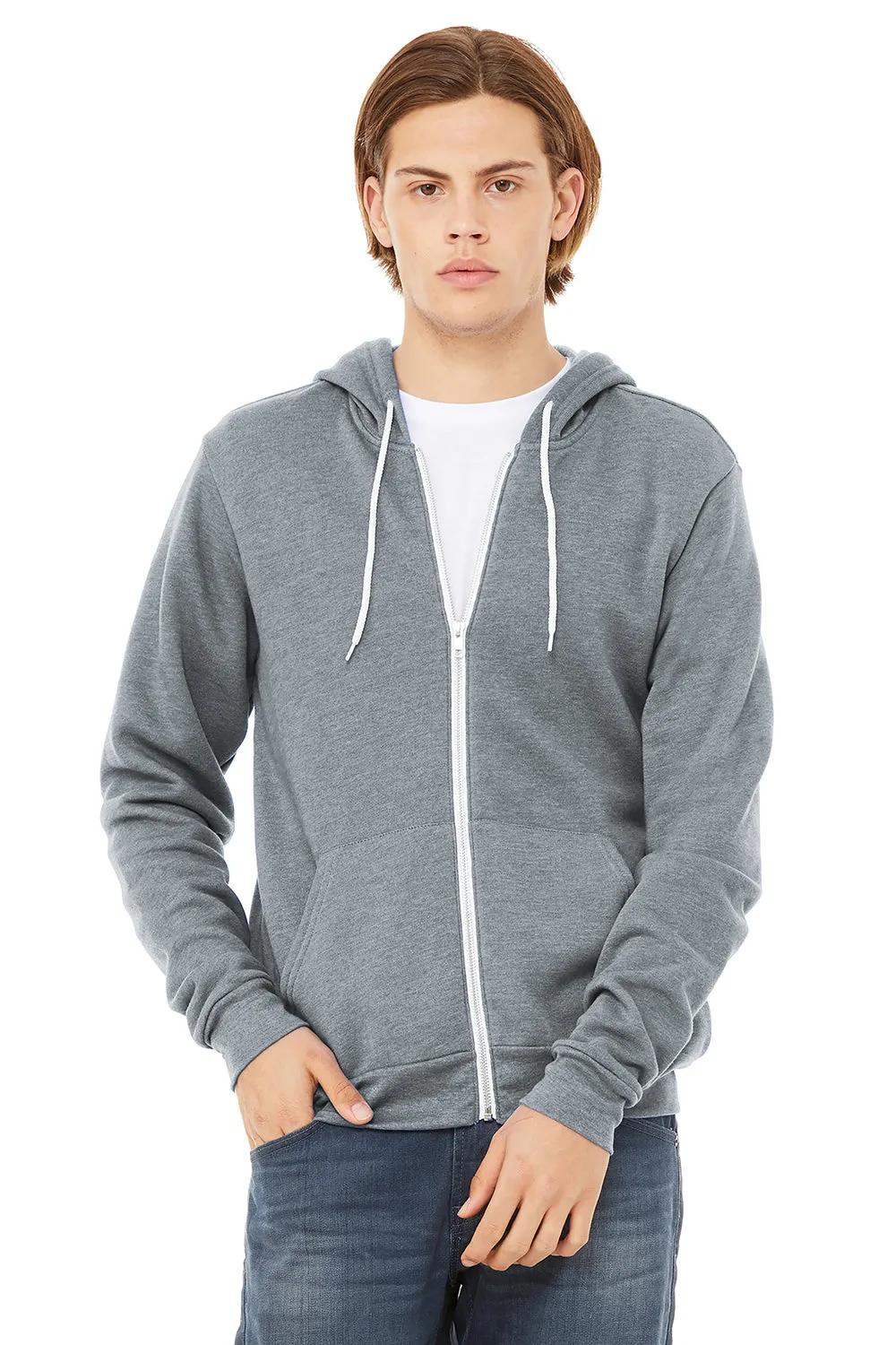 Bella   Canvas Mens Fleece Full Zip Hooded Sweatshirt Hoodie w/ Pockets - Heather Grey