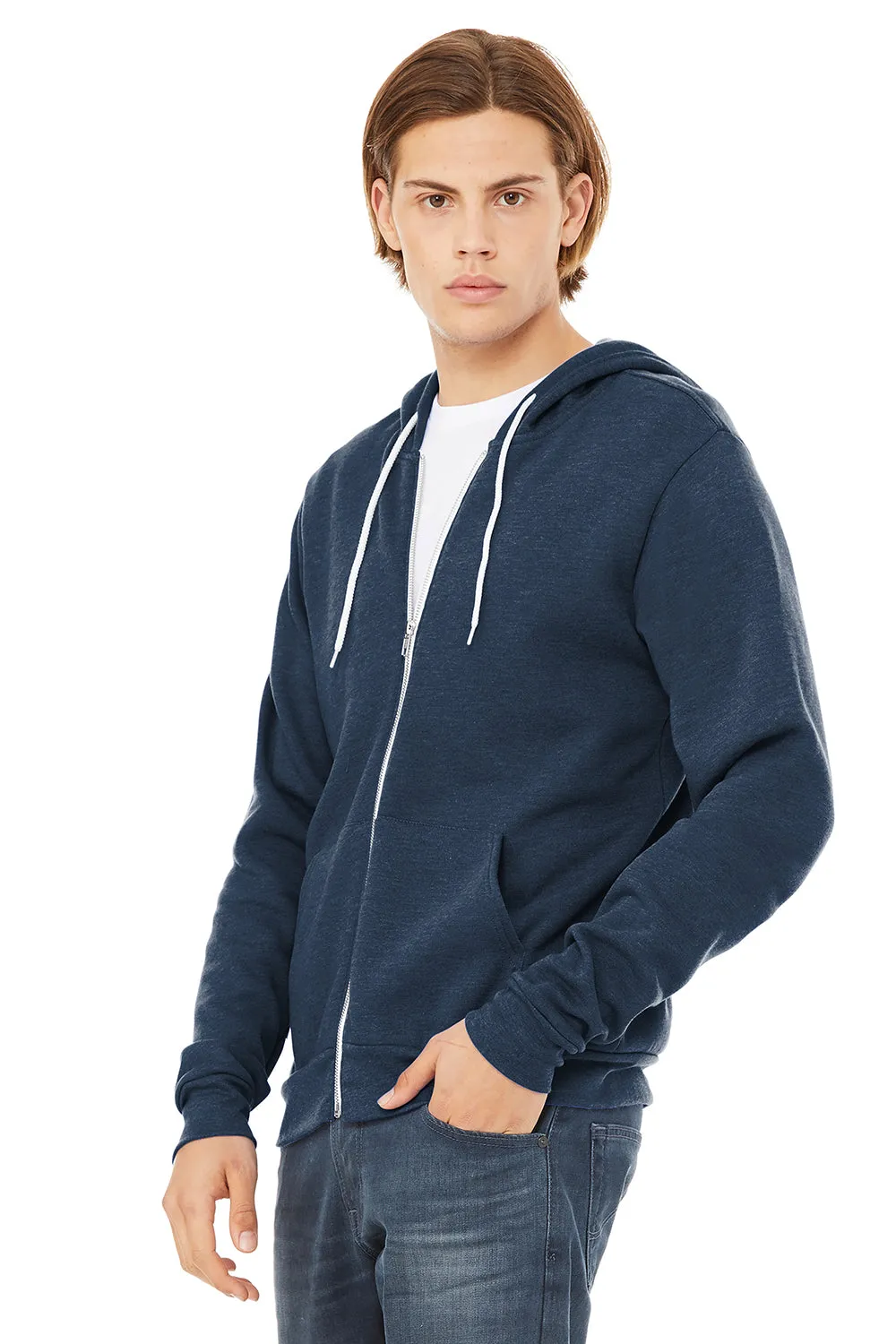 Bella   Canvas Mens Fleece Full Zip Hooded Sweatshirt Hoodie w/ Pockets - Heather Navy Blue