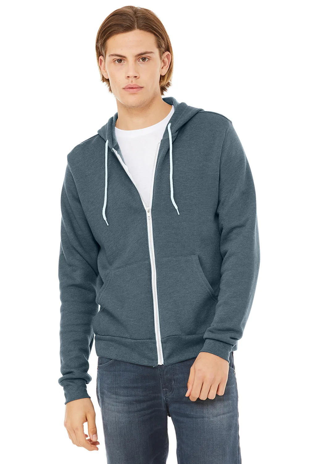 Bella   Canvas Mens Fleece Full Zip Hooded Sweatshirt Hoodie w/ Pockets - Heather Slate Blue