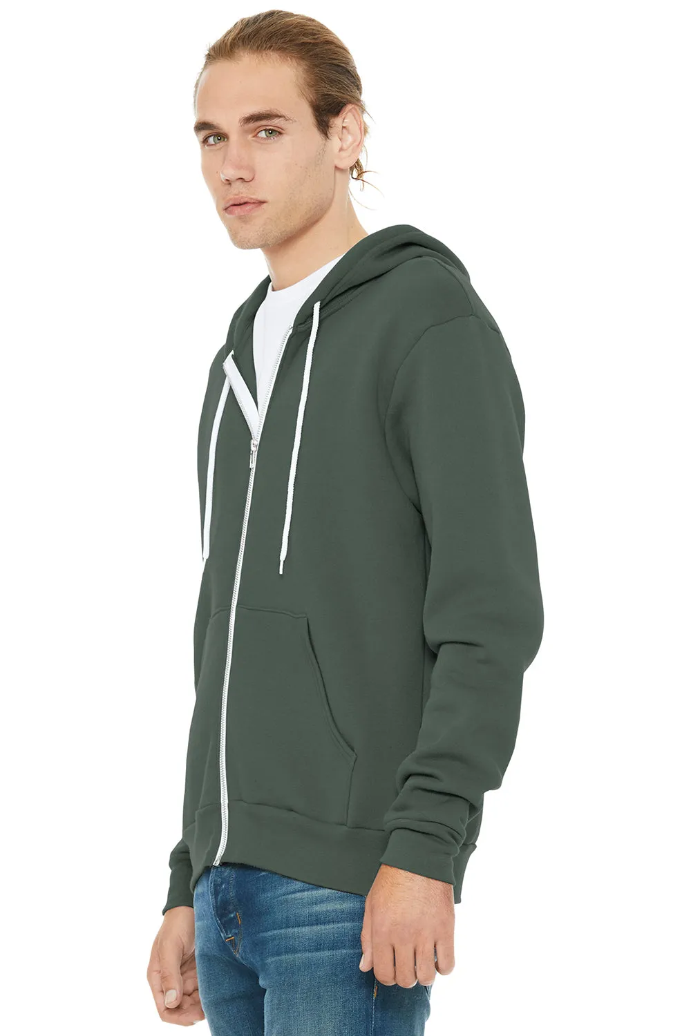 Bella   Canvas Mens Fleece Full Zip Hooded Sweatshirt Hoodie w/ Pockets - Military Green