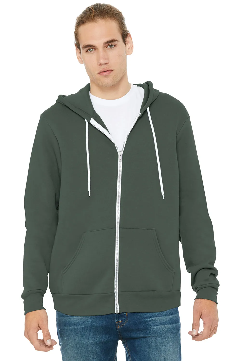 Bella   Canvas Mens Fleece Full Zip Hooded Sweatshirt Hoodie w/ Pockets - Military Green