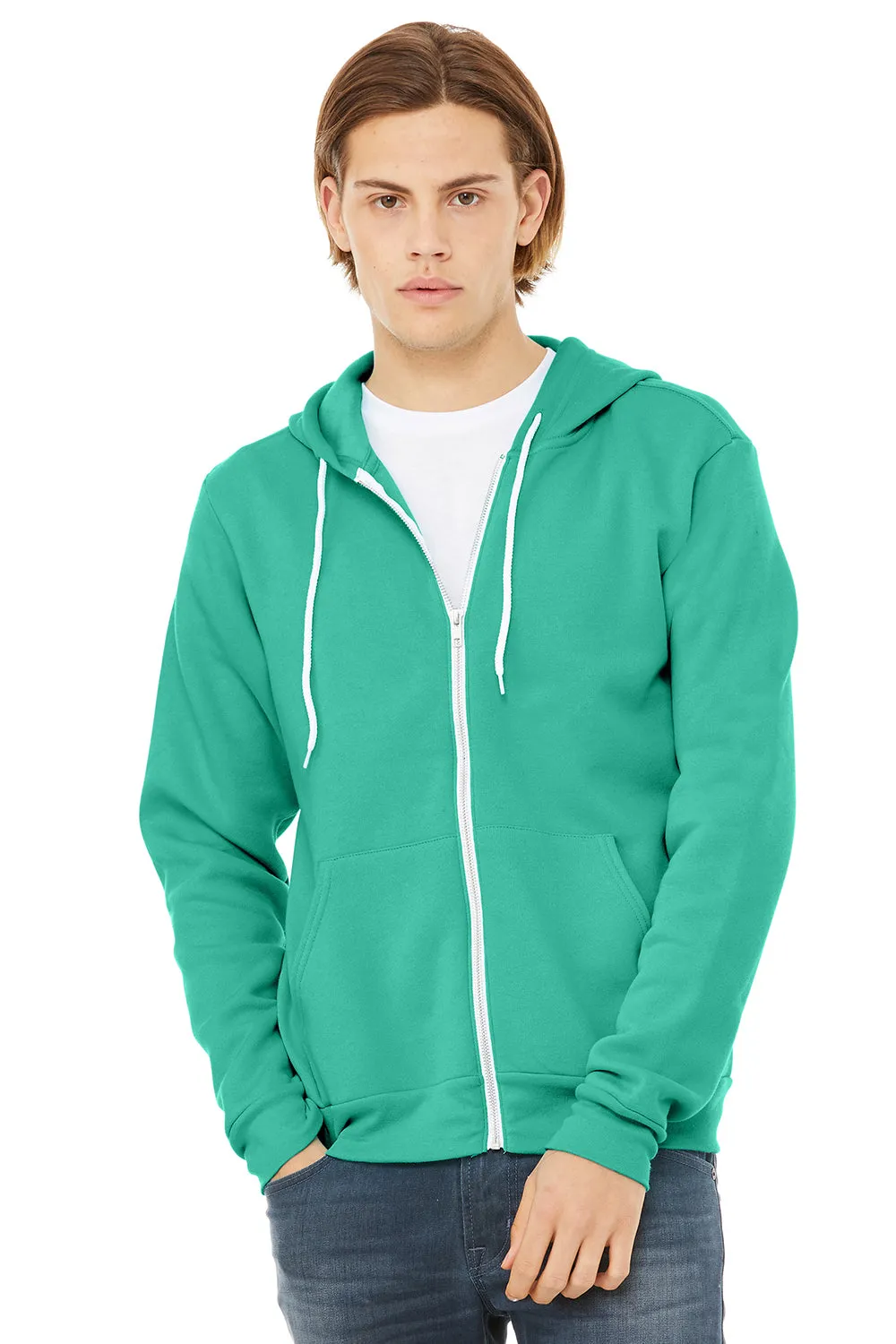 Bella   Canvas Mens Fleece Full Zip Hooded Sweatshirt Hoodie w/ Pockets - Teal Blue