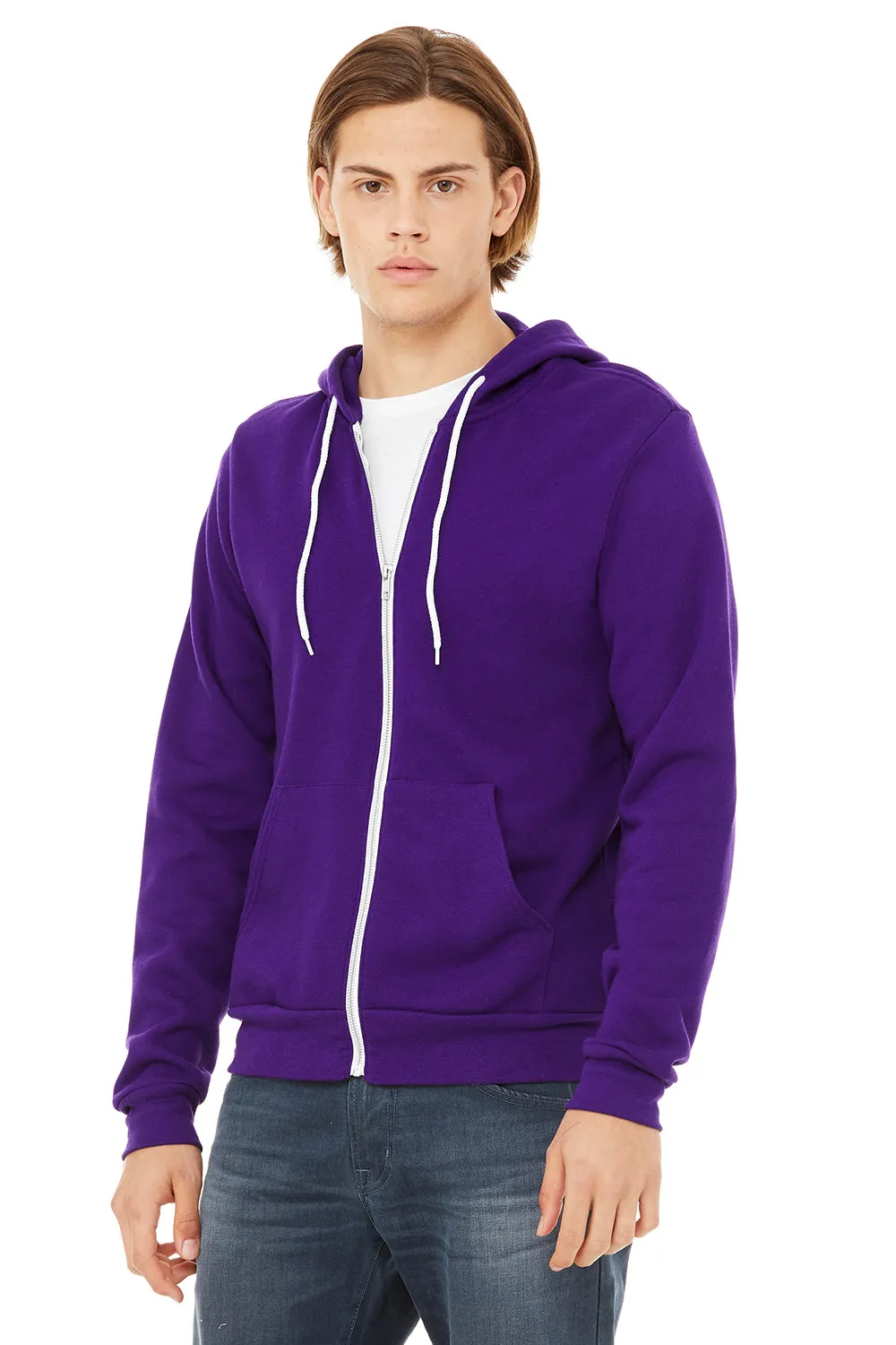 Bella   Canvas Mens Fleece Full Zip Hooded Sweatshirt Hoodie w/ Pockets - Team Purple
