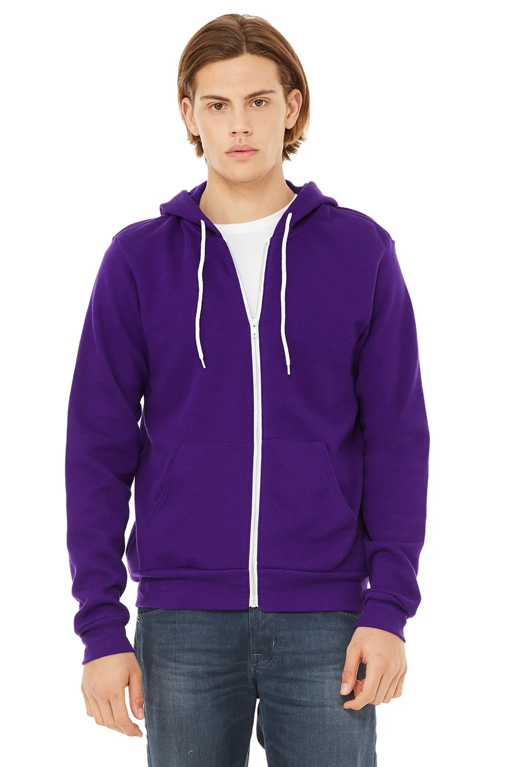 Bella   Canvas Mens Fleece Full Zip Hooded Sweatshirt Hoodie w/ Pockets - Team Purple