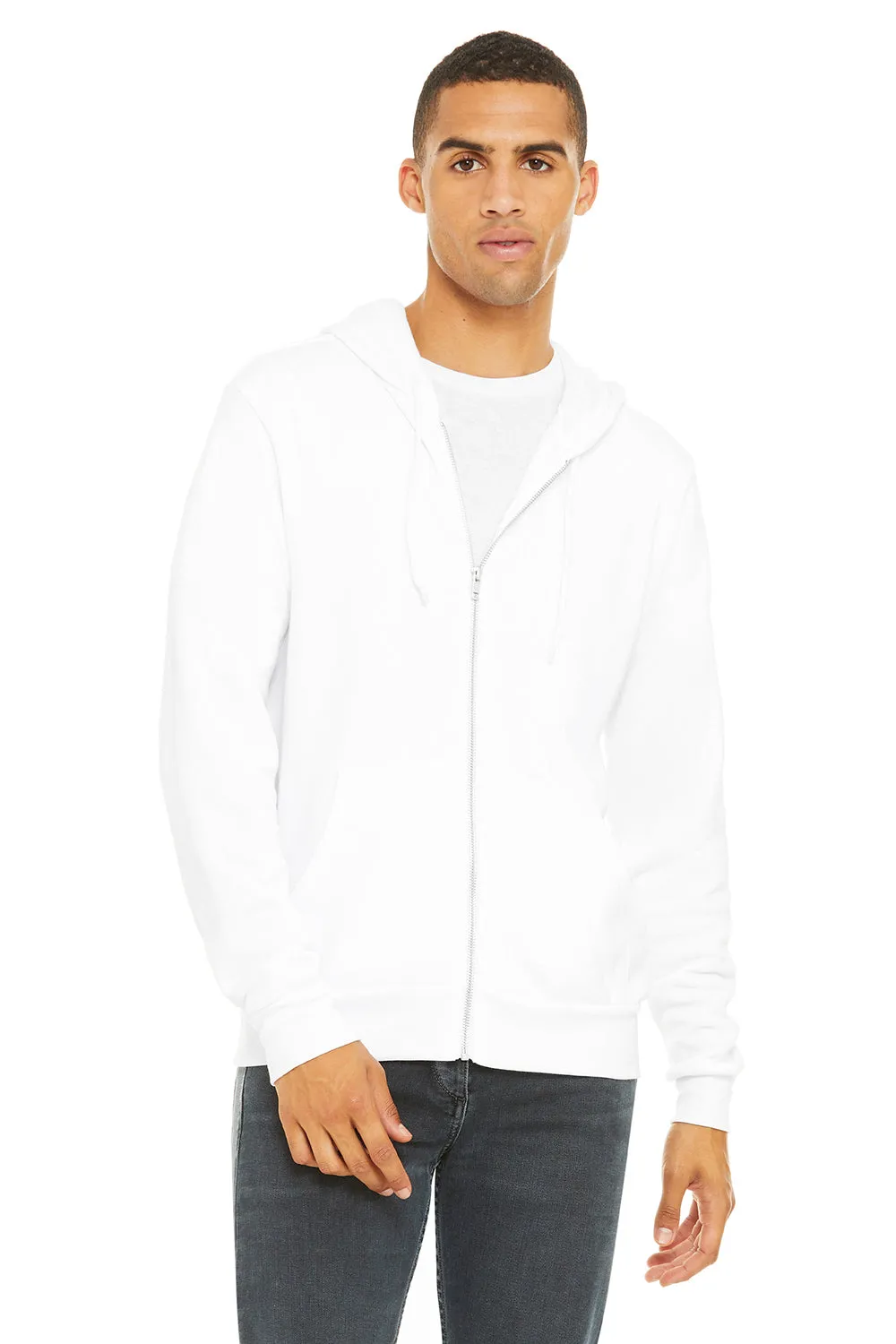 Bella   Canvas Mens Fleece Full Zip Hooded Sweatshirt Hoodie w/ Pockets - White