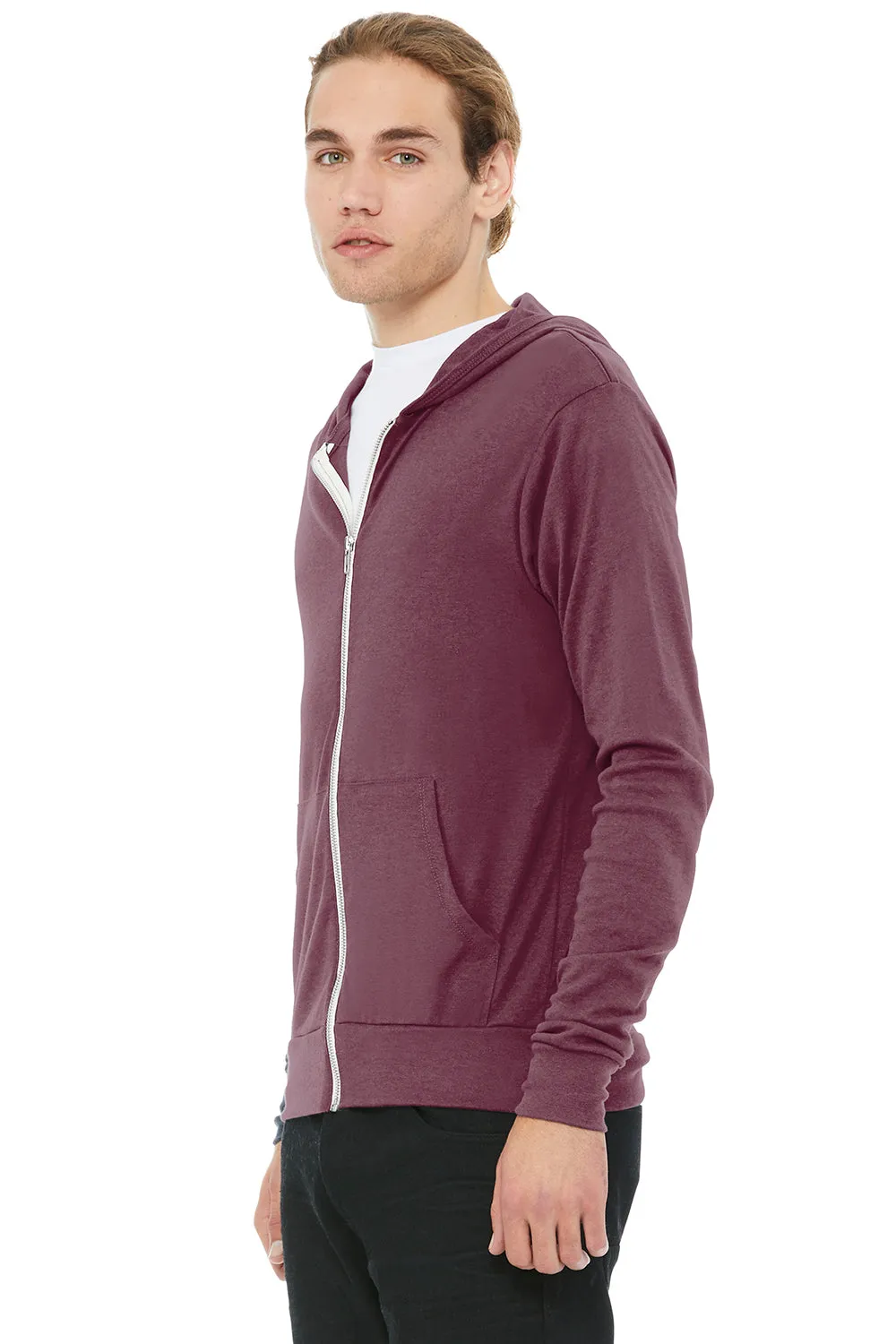 Bella   Canvas Mens Full Zip Long Sleeve Hooded T-Shirt Hoodie - Maroon - Closeout
