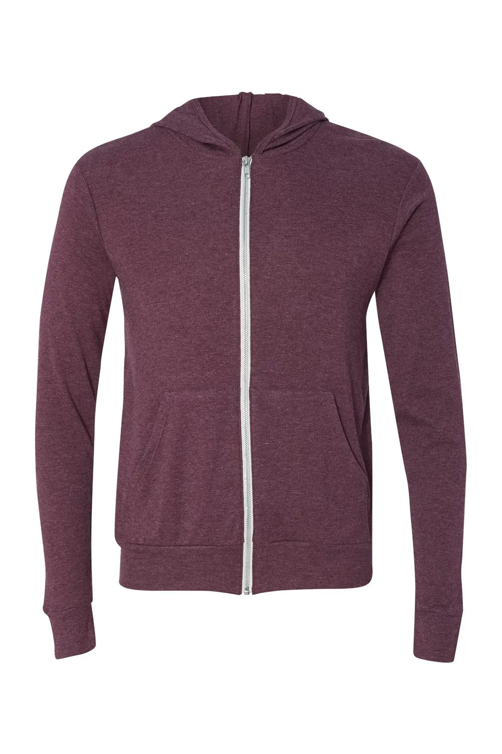 Bella   Canvas Mens Full Zip Long Sleeve Hooded T-Shirt Hoodie - Maroon - Closeout