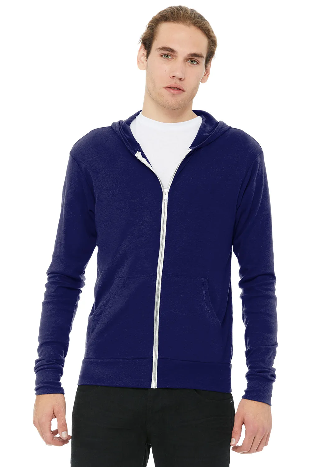 Bella   Canvas Mens Full Zip Long Sleeve Hooded T-Shirt Hoodie - Navy Blue - Closeout