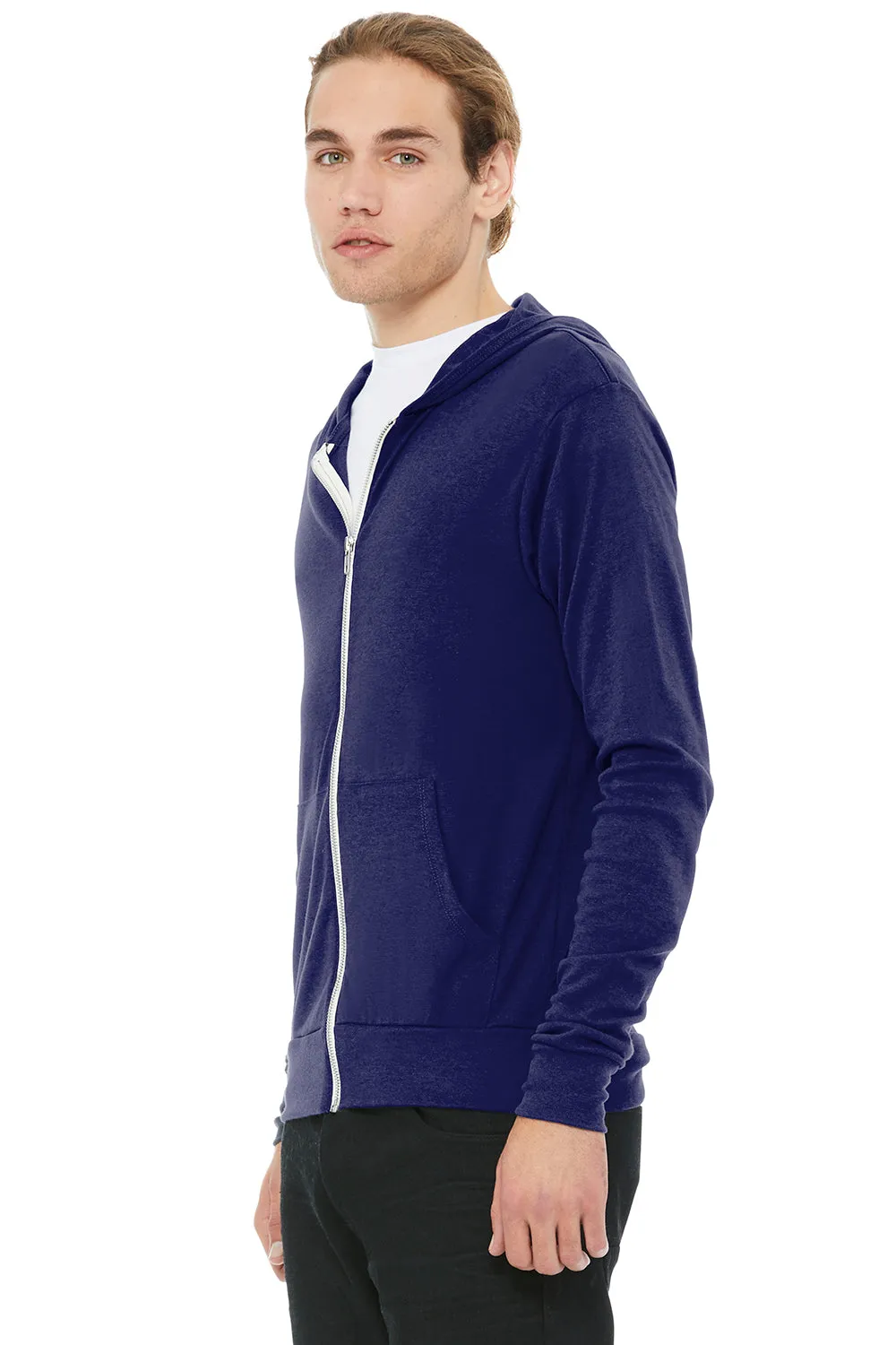 Bella   Canvas Mens Full Zip Long Sleeve Hooded T-Shirt Hoodie - Navy Blue - Closeout