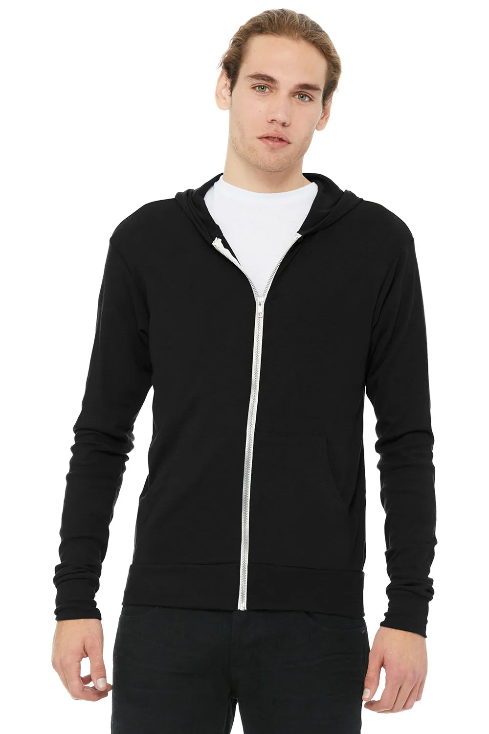 Bella   Canvas Mens Full Zip Long Sleeve Hooded T-Shirt Hoodie - Solid Black - Closeout