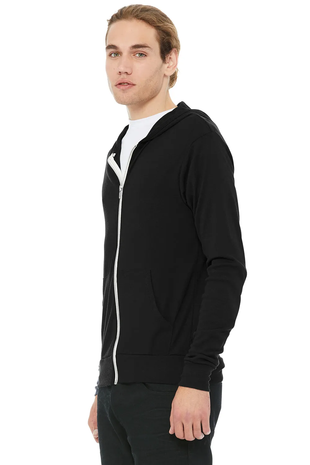 Bella   Canvas Mens Full Zip Long Sleeve Hooded T-Shirt Hoodie - Solid Black - Closeout