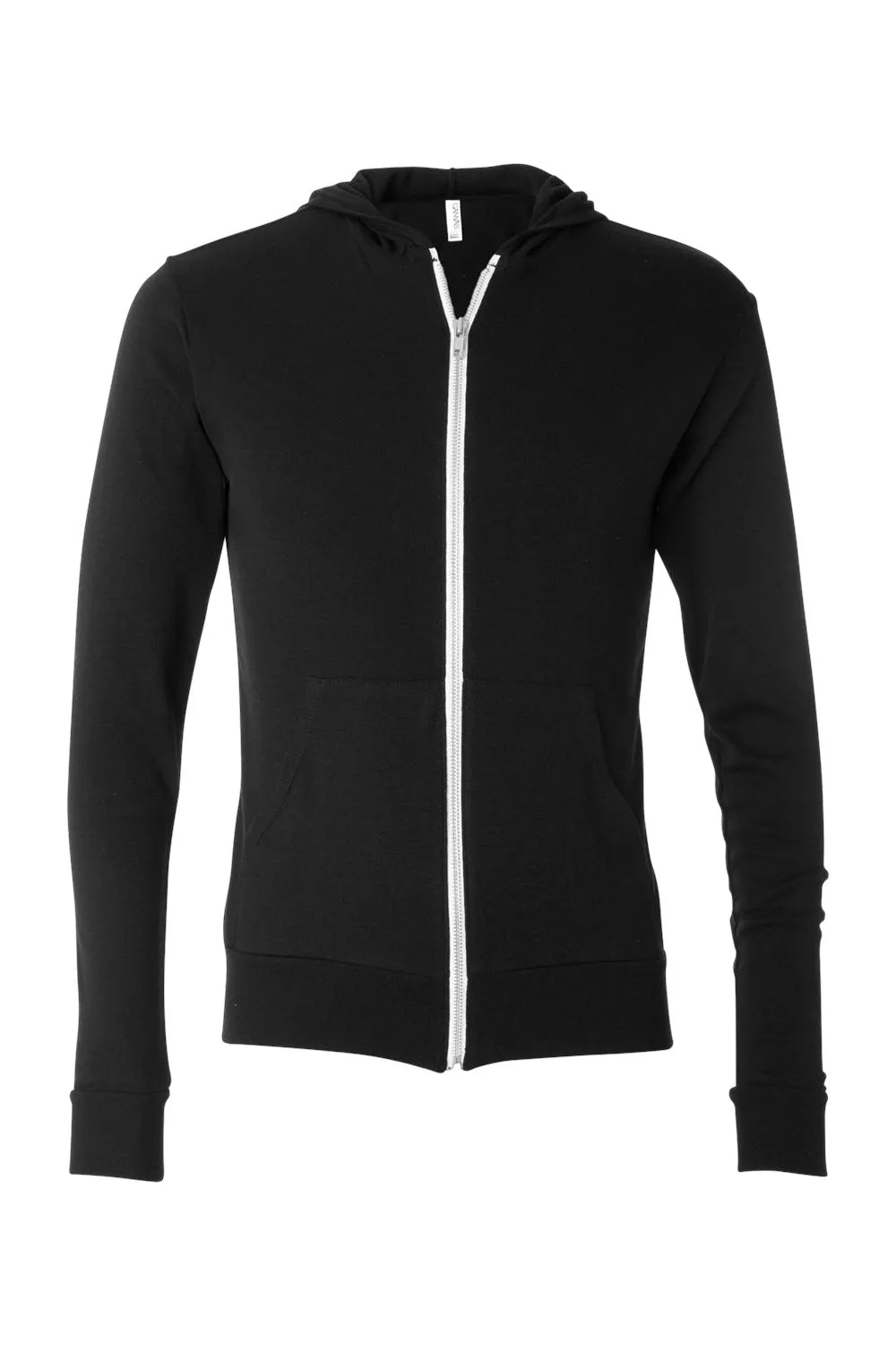 Bella   Canvas Mens Full Zip Long Sleeve Hooded T-Shirt Hoodie - Solid Black - Closeout