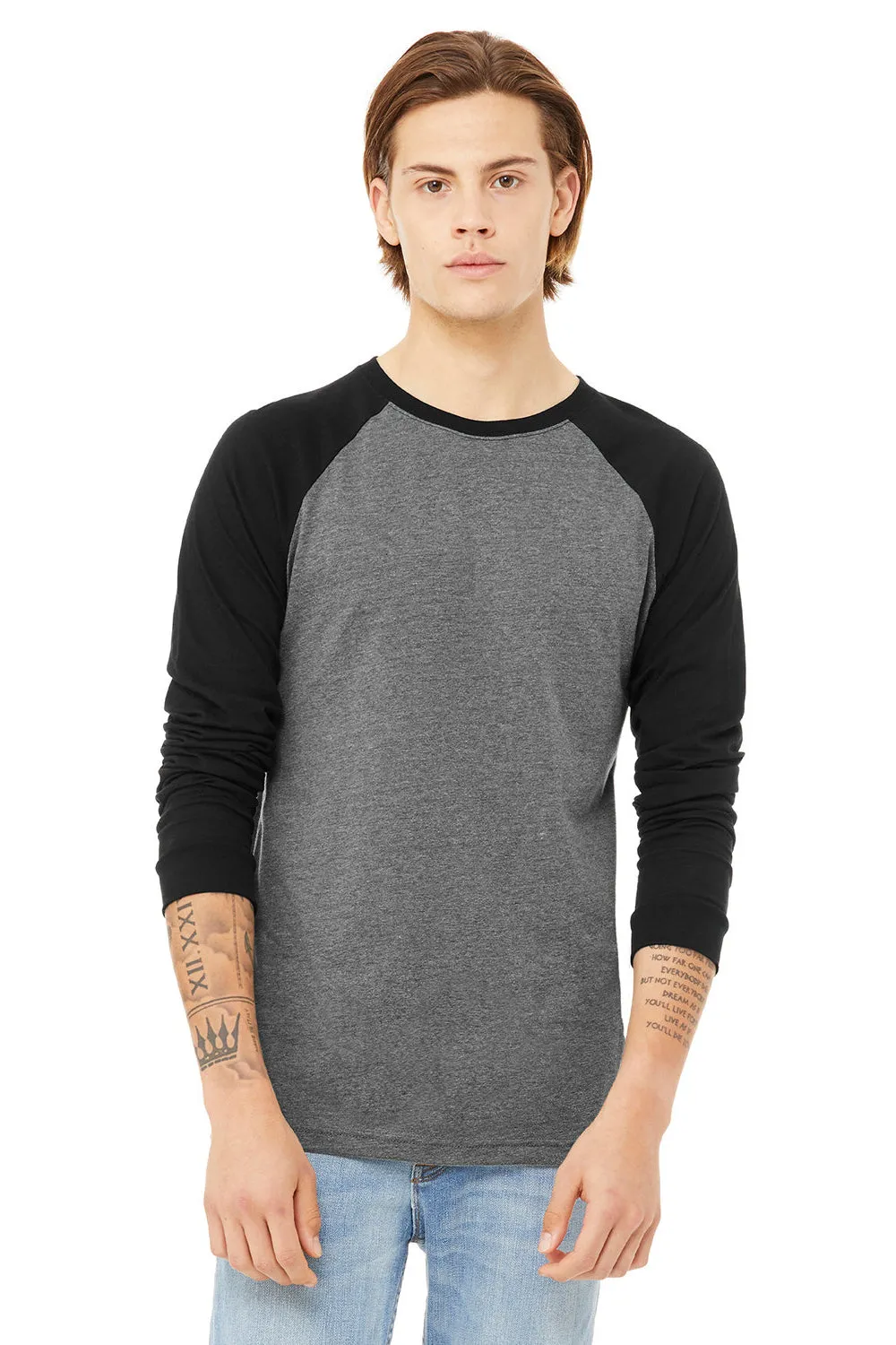 Bella   Canvas Mens Jersey Long Sleeve Crewneck T-Shirt - Heather Deep Grey/Black - Closeout