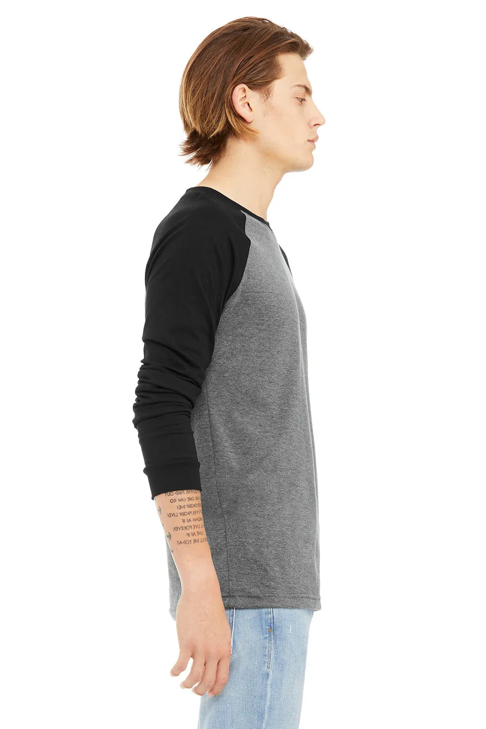Bella   Canvas Mens Jersey Long Sleeve Crewneck T-Shirt - Heather Deep Grey/Black - Closeout