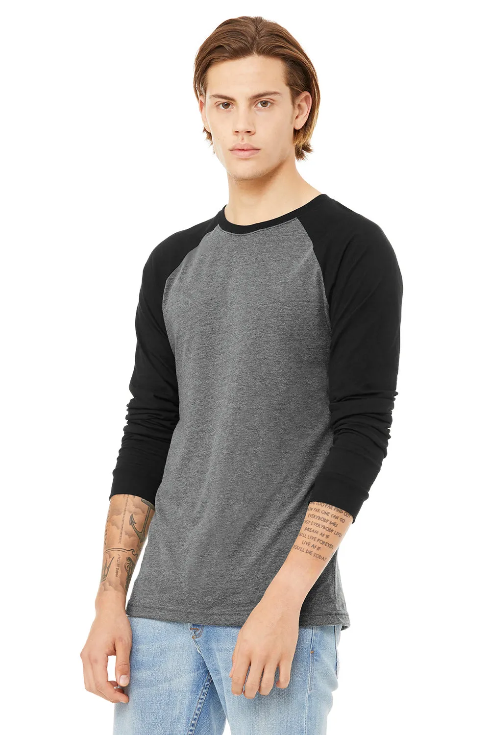 Bella   Canvas Mens Jersey Long Sleeve Crewneck T-Shirt - Heather Deep Grey/Black - Closeout