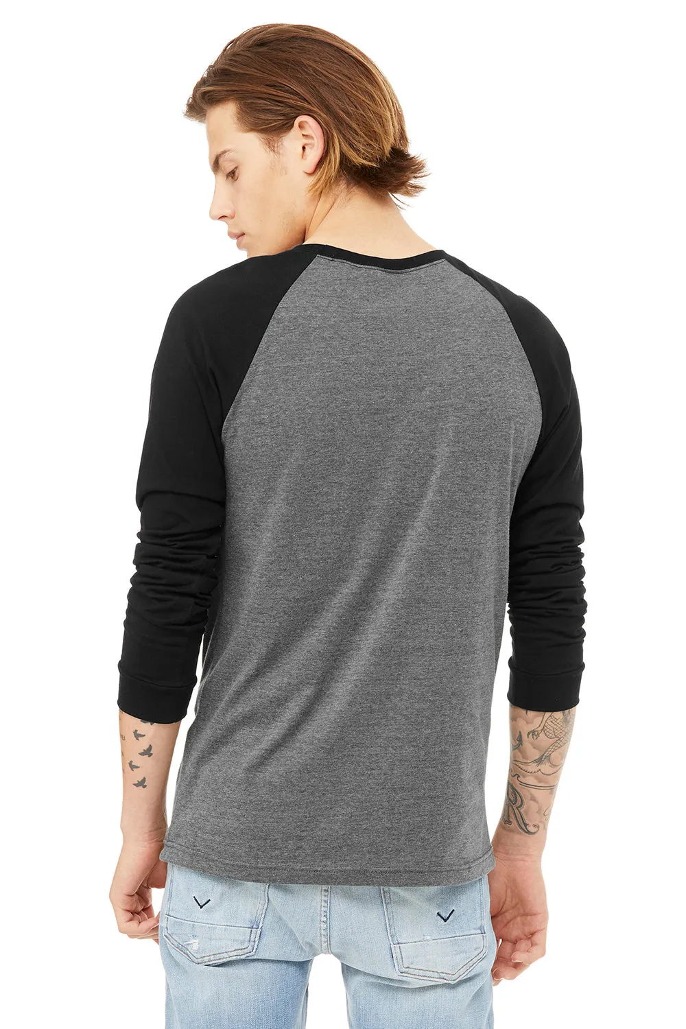 Bella   Canvas Mens Jersey Long Sleeve Crewneck T-Shirt - Heather Deep Grey/Black - Closeout
