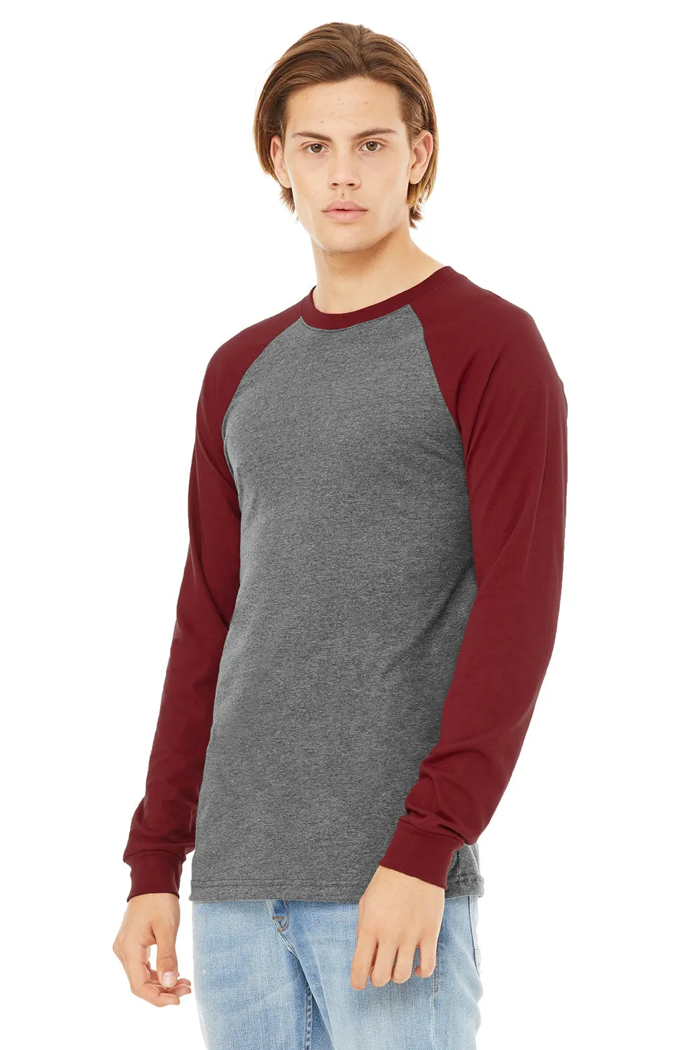 Bella   Canvas Mens Jersey Long Sleeve Crewneck T-Shirt - Heather Deep Grey/Cardinal Red - Closeout