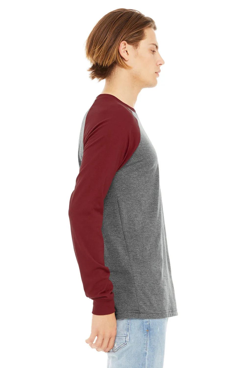 Bella   Canvas Mens Jersey Long Sleeve Crewneck T-Shirt - Heather Deep Grey/Cardinal Red - Closeout