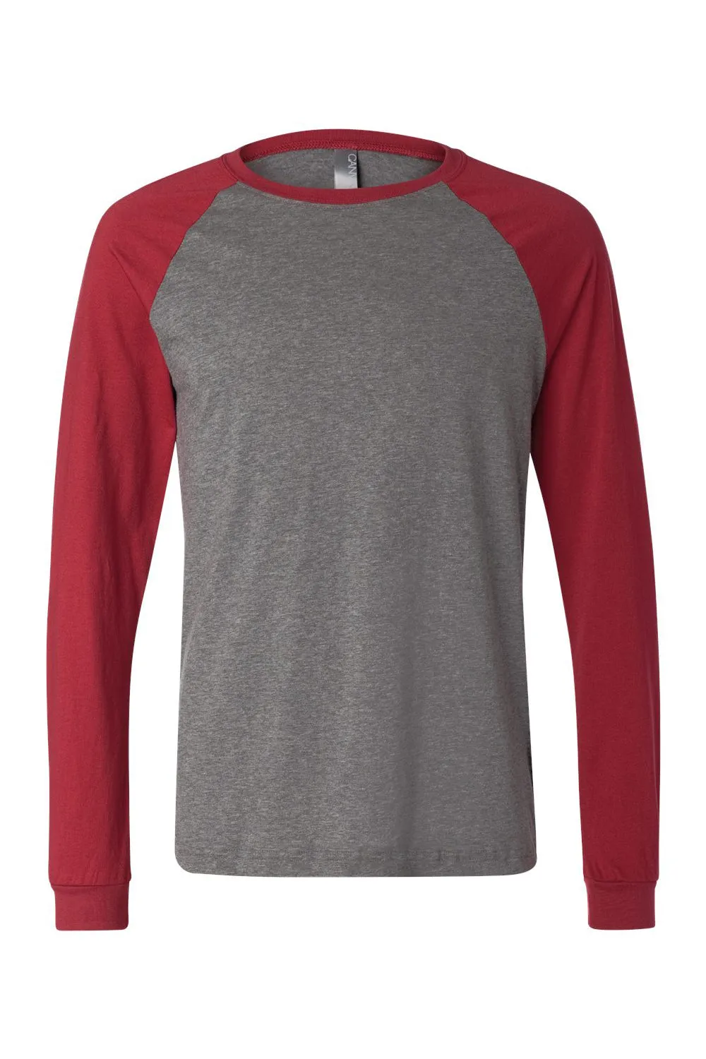 Bella   Canvas Mens Jersey Long Sleeve Crewneck T-Shirt - Heather Deep Grey/Cardinal Red - Closeout