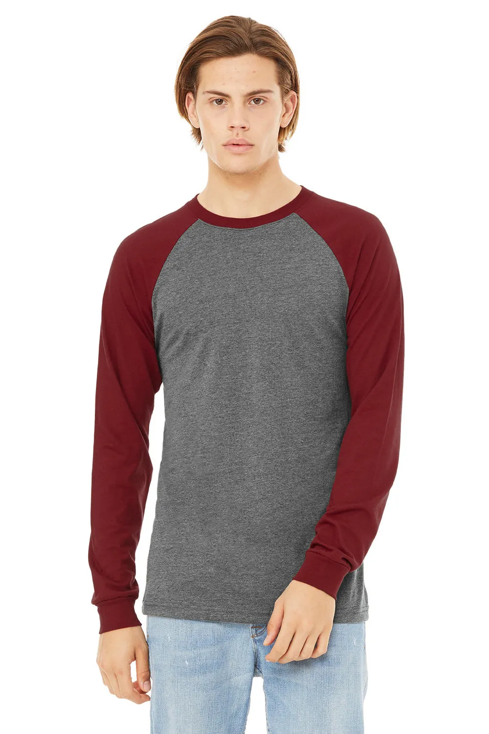 Bella   Canvas Mens Jersey Long Sleeve Crewneck T-Shirt - Heather Deep Grey/Cardinal Red - Closeout