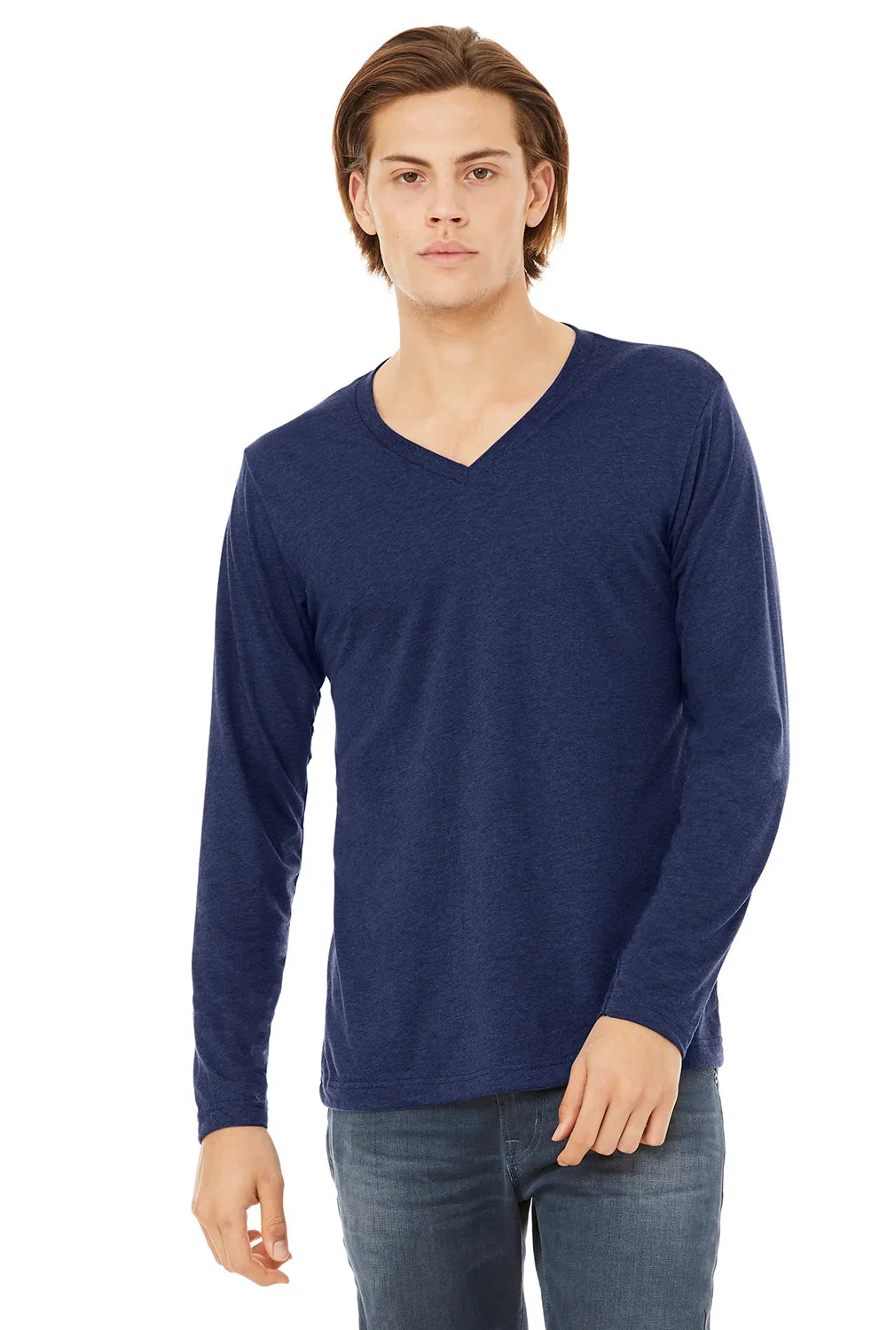 Bella   Canvas Mens Jersey Long Sleeve V-Neck T-Shirt - Navy Blue - Closeout