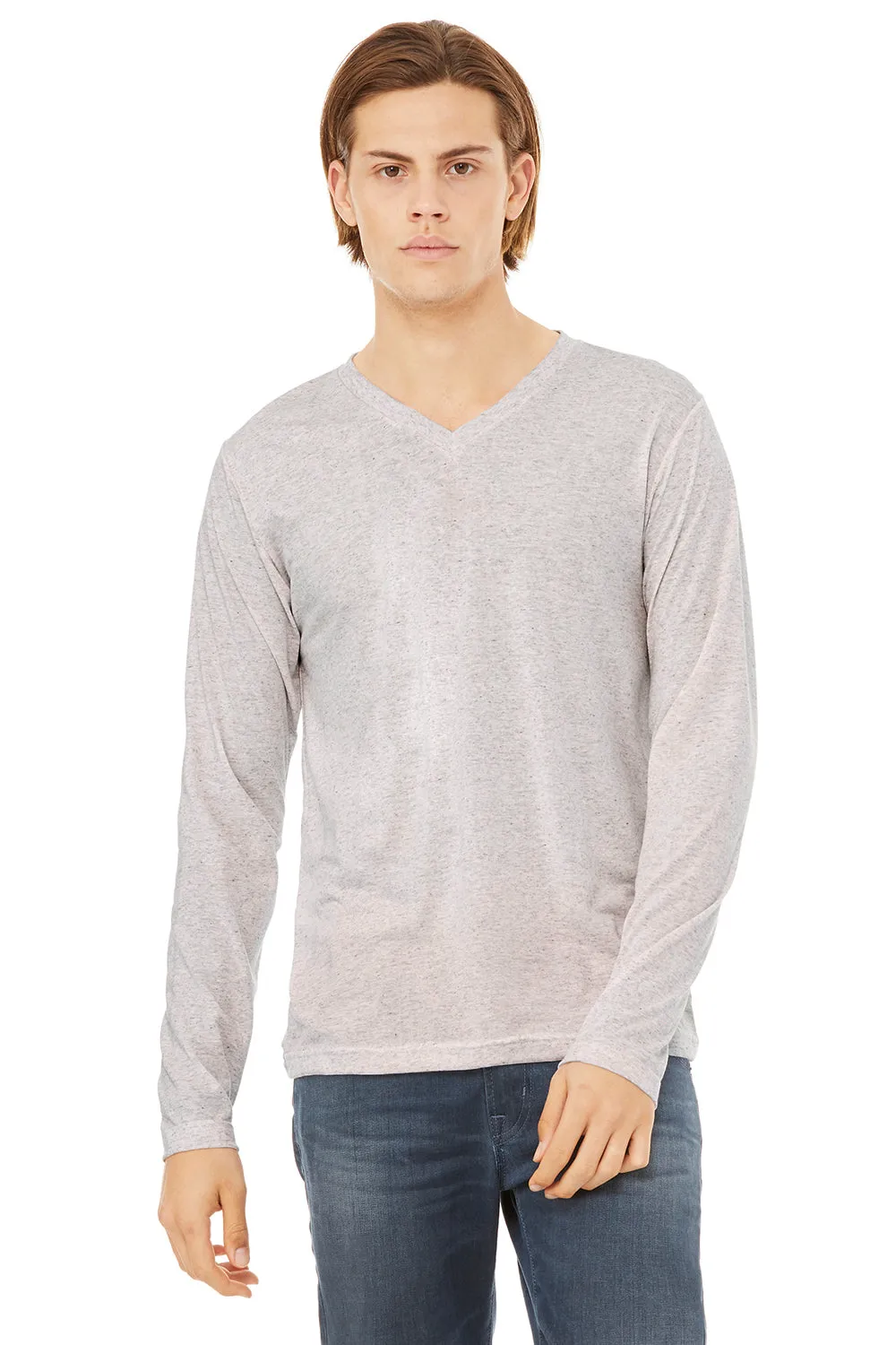 Bella   Canvas Mens Jersey Long Sleeve V-Neck T-Shirt - White Fleck - Closeout