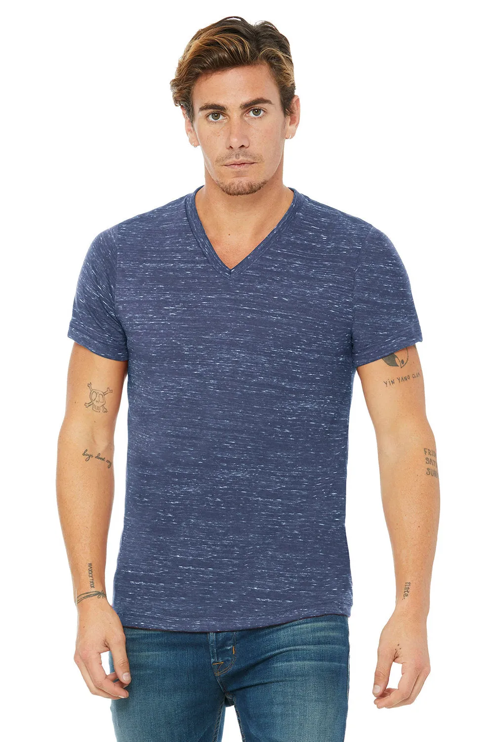 Bella   Canvas Mens Jersey Short Sleeve V-Neck T-Shirt - Navy Blue Marble - Closeout