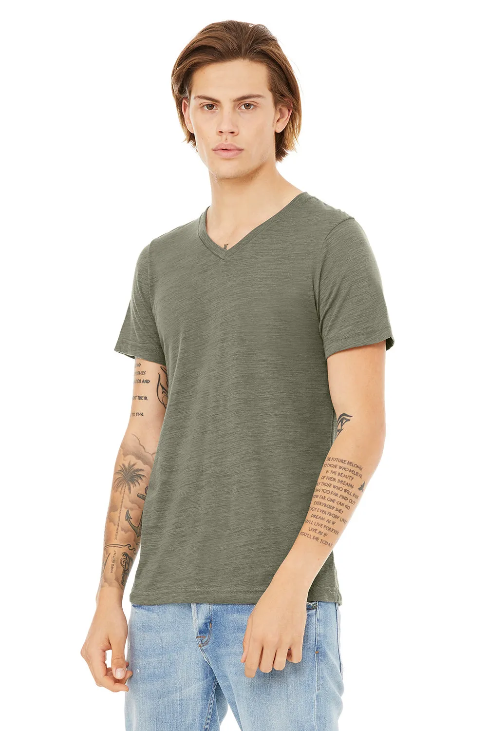 Bella   Canvas Mens Jersey Short Sleeve V-Neck T-Shirt - Olive Green Slub - Closeout