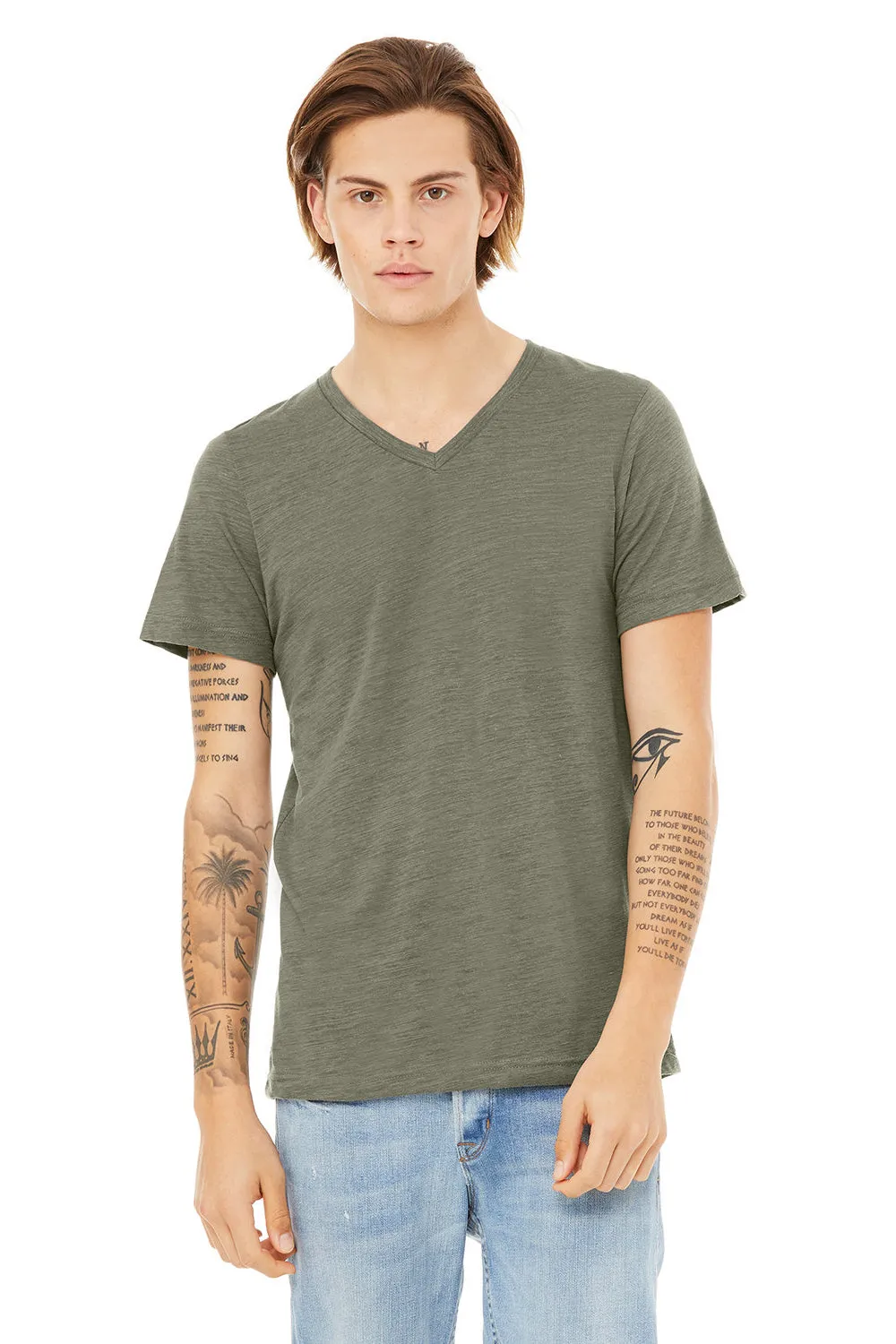 Bella   Canvas Mens Jersey Short Sleeve V-Neck T-Shirt - Olive Green Slub - Closeout