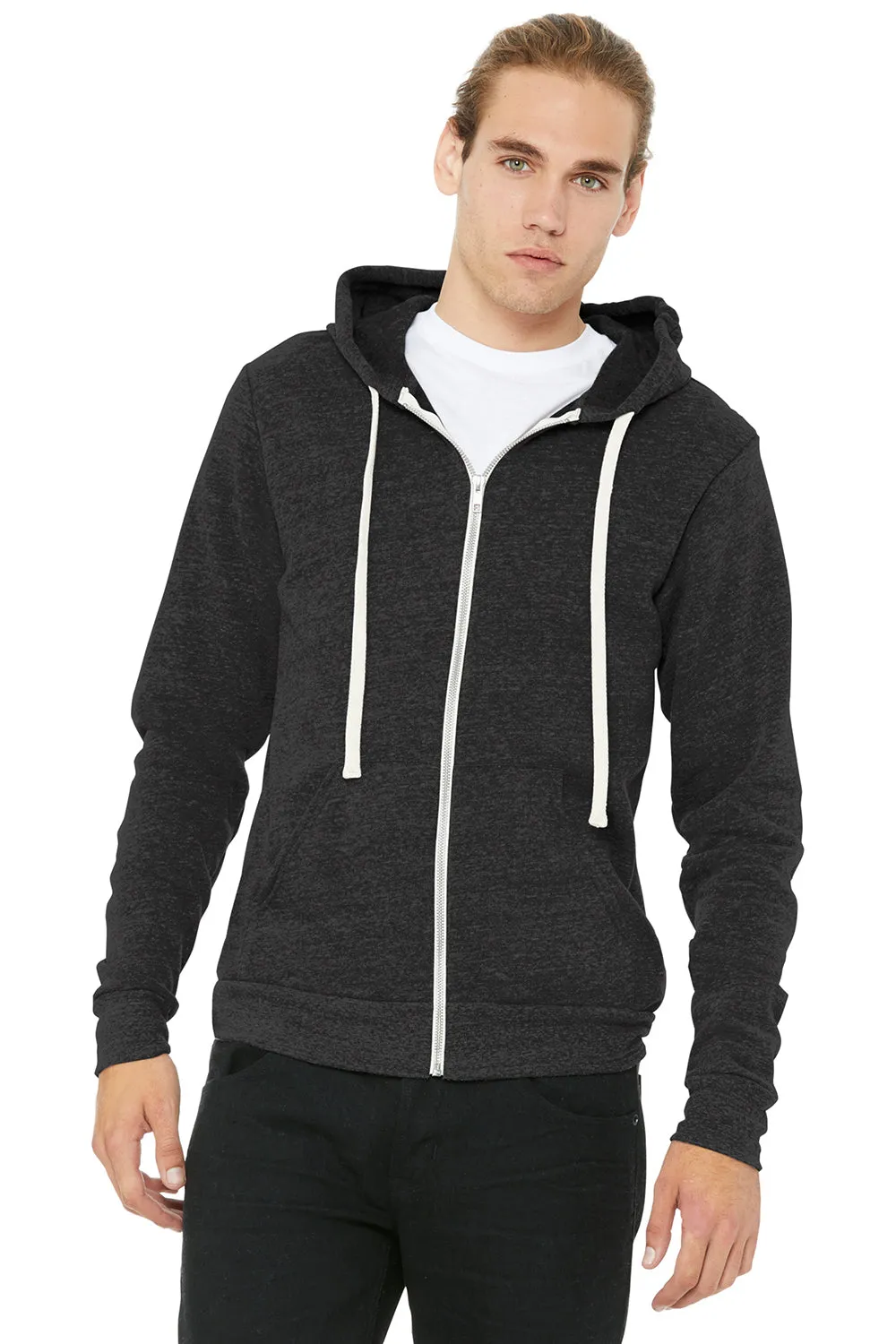 Bella   Canvas Mens Sponge Fleece Full Zip Hooded Sweatshirt Hoodie w/ Pockets - Charcoal Black