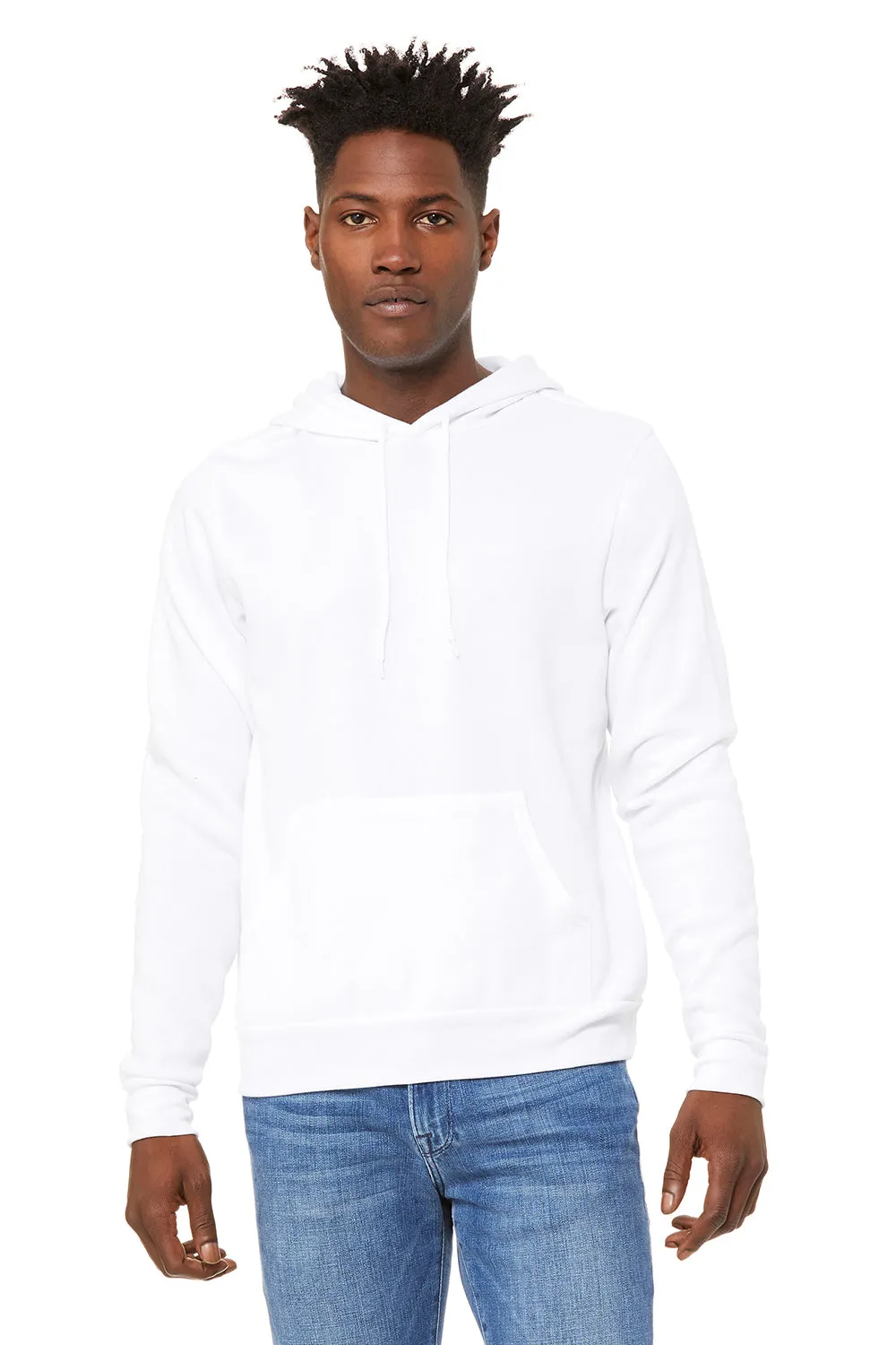 Bella   Canvas Mens Sponge Fleece Hooded Sweatshirt Hoodie w/ Pouch Pocket - DTG White