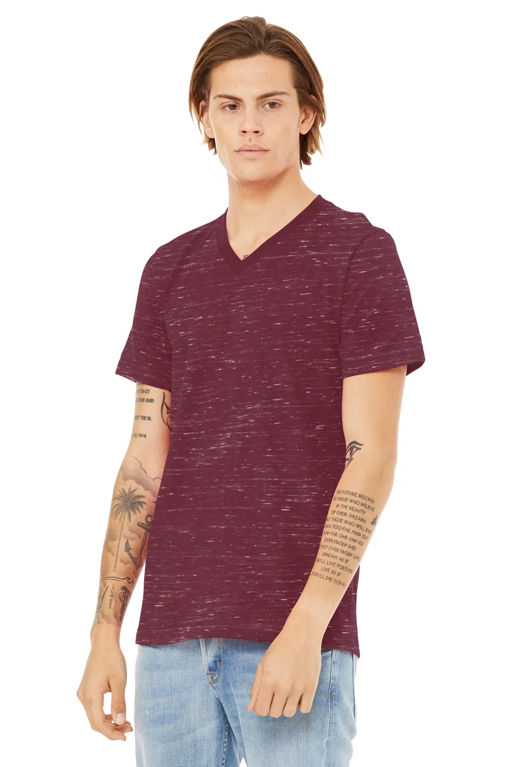 Bella   Canvas Mens Textured Jersey Short Sleeve V-Neck T-Shirt - Maroon Marble
