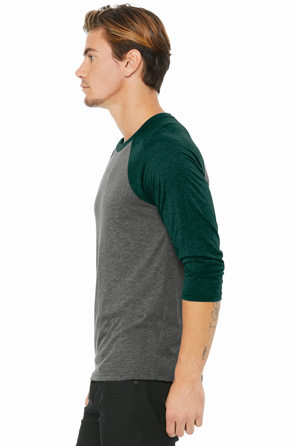 Bella   Canvas Mens 3/4 Sleeve Crewneck T-Shirt - Grey/Emerald Green - Closeout