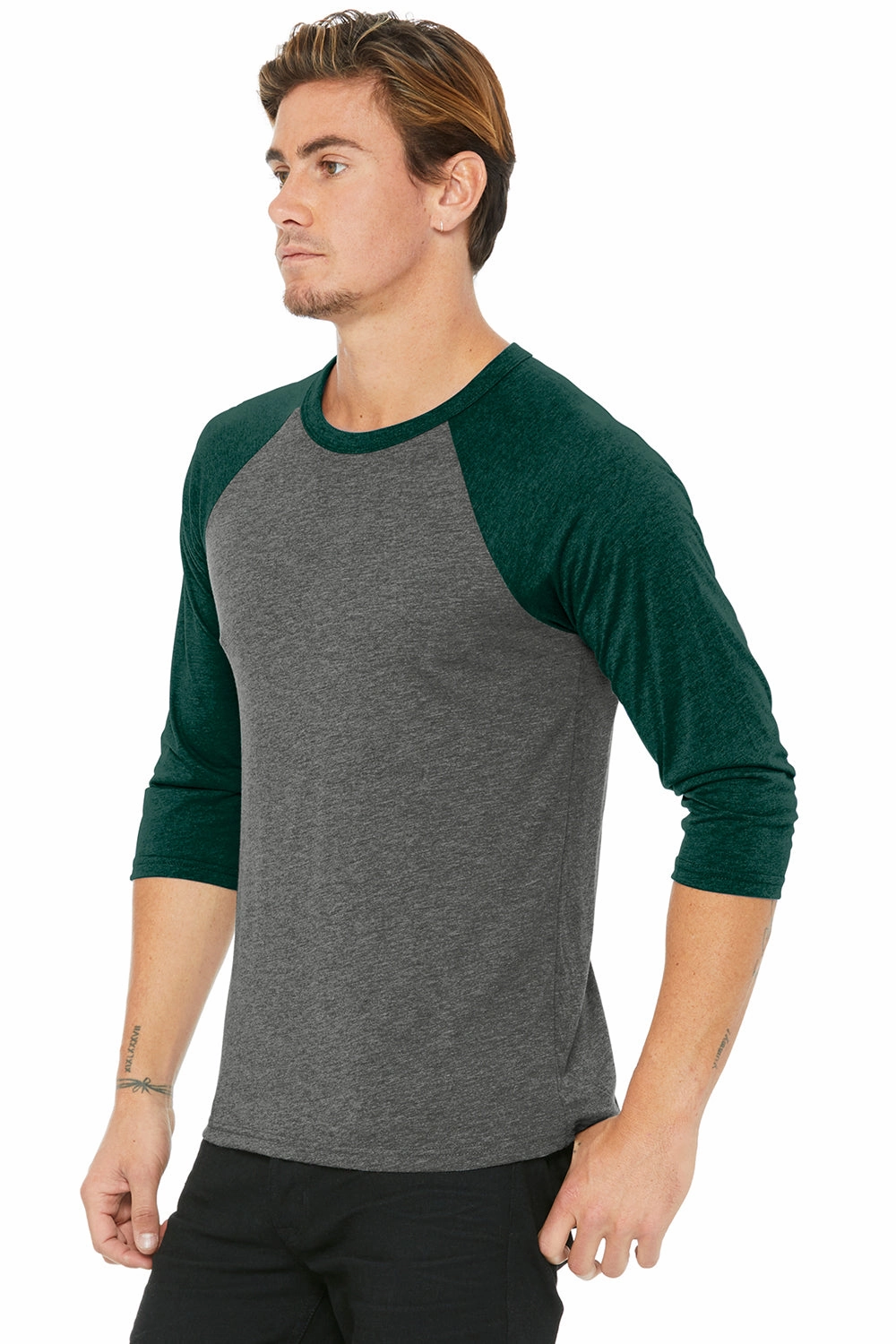Bella   Canvas Mens 3/4 Sleeve Crewneck T-Shirt - Grey/Emerald Green - Closeout