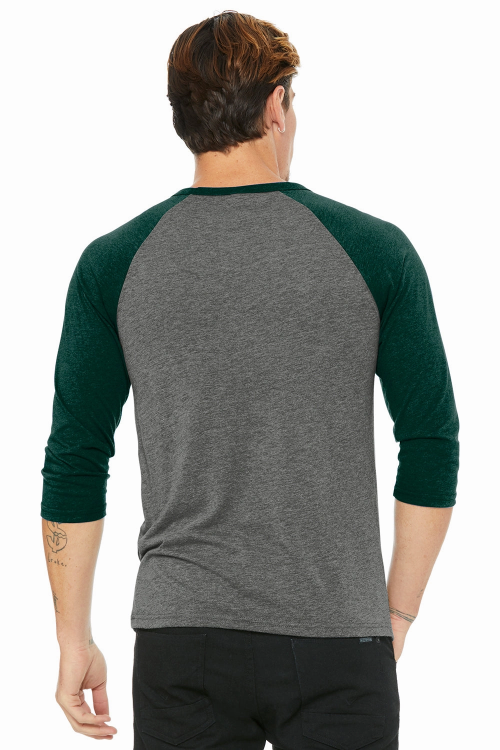 Bella   Canvas Mens 3/4 Sleeve Crewneck T-Shirt - Grey/Emerald Green - Closeout