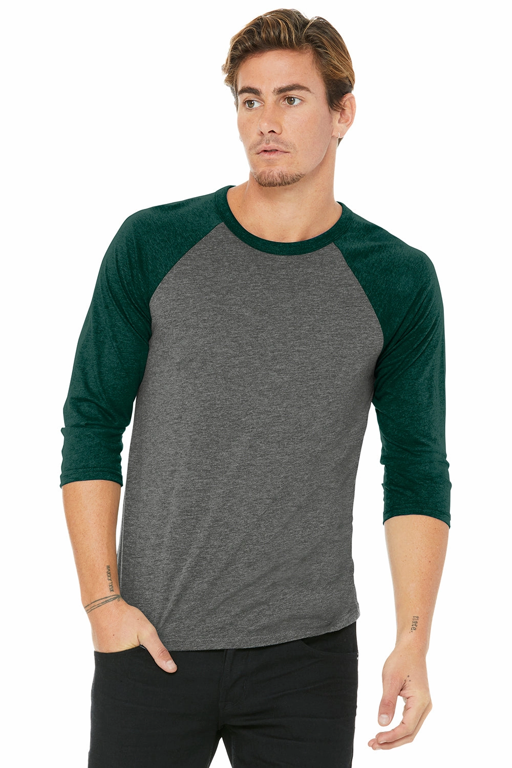 Bella   Canvas Mens 3/4 Sleeve Crewneck T-Shirt - Grey/Emerald Green - Closeout