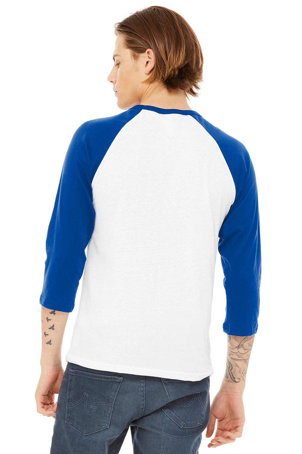 Bella   Canvas Mens 3/4 Sleeve Crewneck T-Shirt - White/Royal Blue