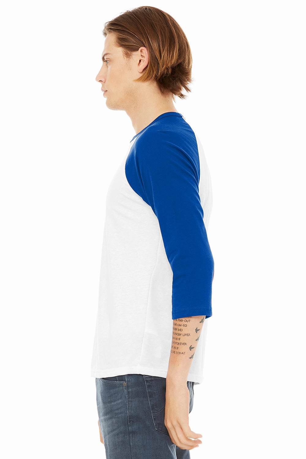 Bella   Canvas Mens 3/4 Sleeve Crewneck T-Shirt - White/Royal Blue
