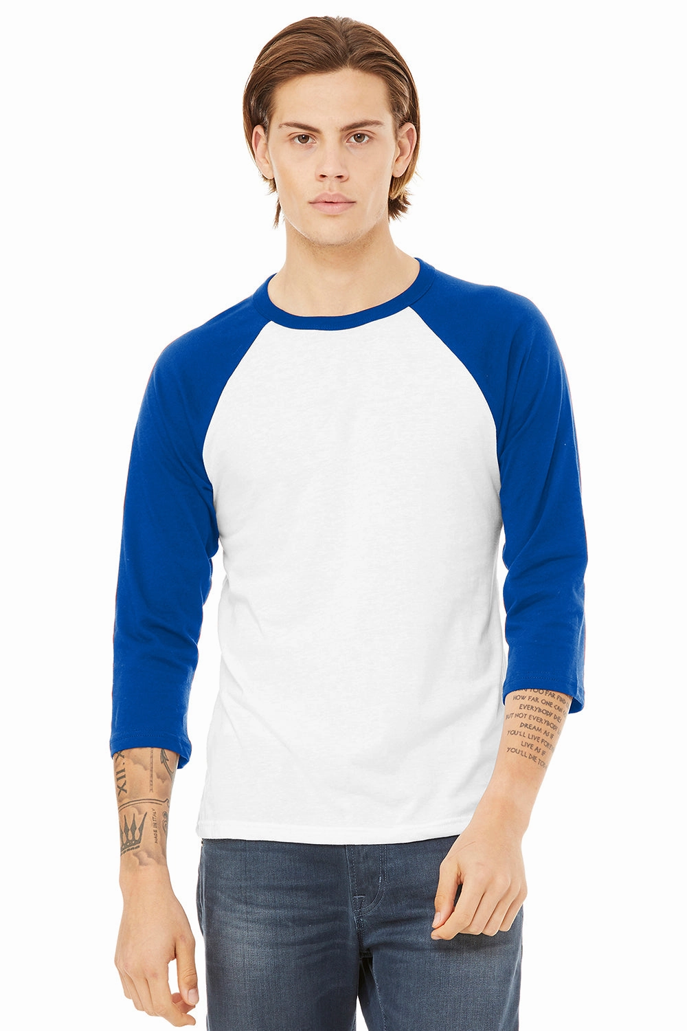 Bella   Canvas Mens 3/4 Sleeve Crewneck T-Shirt - White/Royal Blue