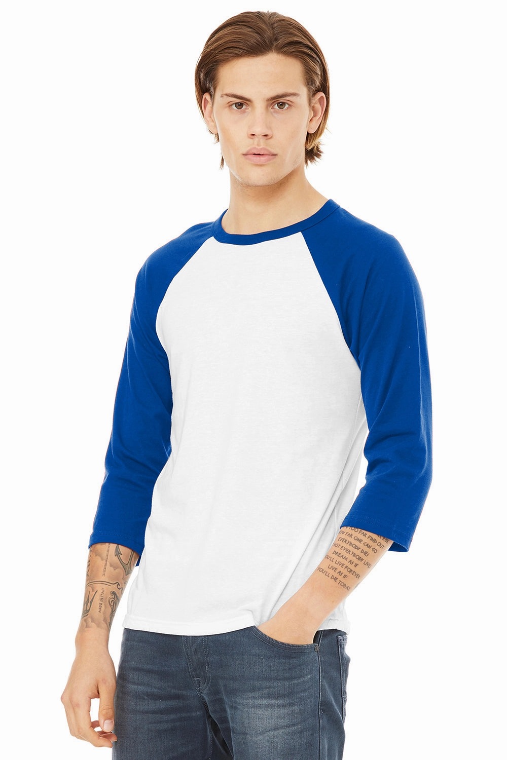 Bella   Canvas Mens 3/4 Sleeve Crewneck T-Shirt - White/Royal Blue
